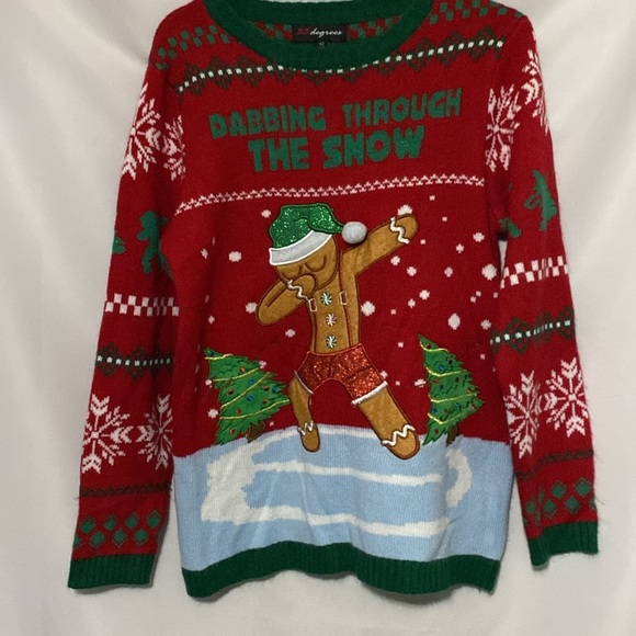 32 Degrees Red Holiday Sweater Size XL with Dabbing Gingerbread Snowflake Design - Picture 7 of 10